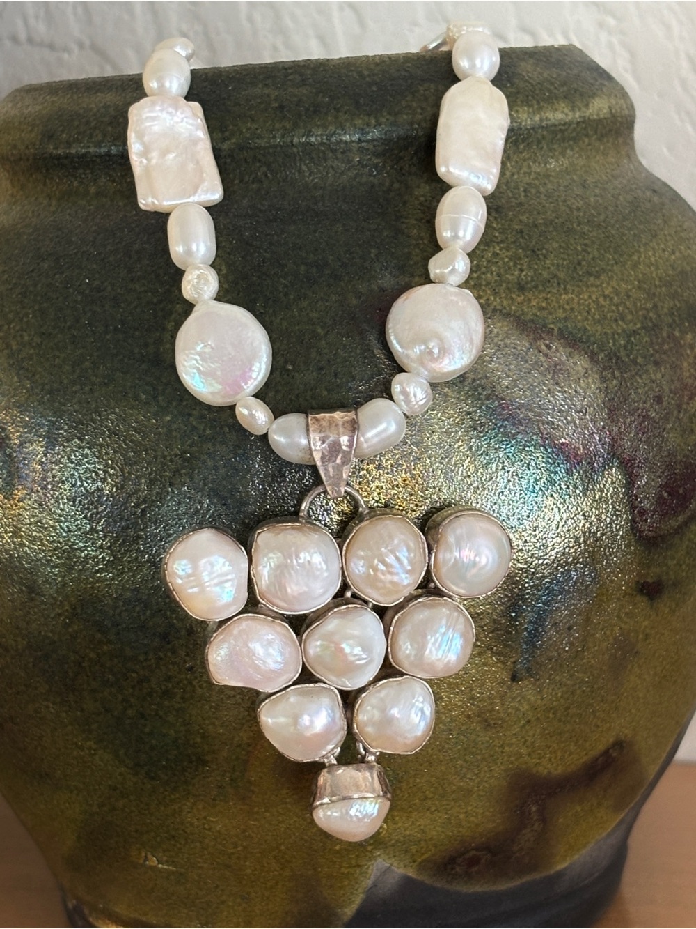 Vintage Sterling Cultured Pearl Pendant Necklace Statement Piece  Gorgeous!